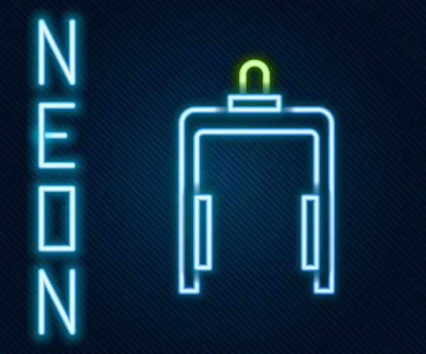 Leuchtender Neon Line Metalldetektor im Flughafensymbol isoliert auf schwarzem Hintergrund. Flughafen-Sicherheitsmann an einem Kontrollpunkt für Metalldetektoren. Buntes Rahmenkonzept. Vektorillustration — Stockvektor