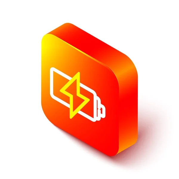 Isometrische Linie Akku-Symbol isoliert auf weißem Hintergrund. Blitz-Symbol. Orangefarbene quadratische Taste. Vektorillustration — Stockvektor
