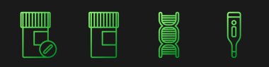 DNA sembolü, ilaç şişesi ve haplar, ilaç şişesi ve medikal dijital termometre. Renk simgeleri. Vektör