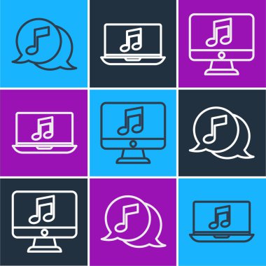 Konuşma balonunda müzikal notayı, notalı bilgisayarı ve müzik notalı dizüstünü ayarla. Vektör