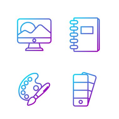 Palet satırı, paletli boya fırçası, bilgisayar monitörü ekranı ve Spiral defter ayarla. Renk simgeleri. Vektör