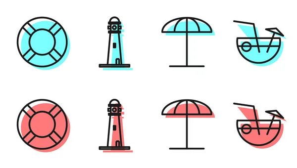 ビーチ、ライフブイ、灯台、ココナッツカクテルのアイコンのための日保護傘を設定します。ベクトル — ストックベクタ