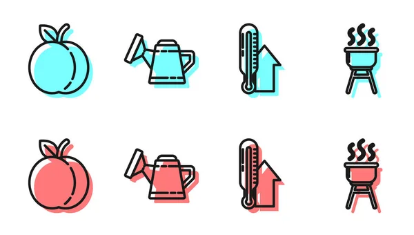 Ställ in linje Meteorologi termometer, persika frukt, Bevattning kan och grill grill ikon. Vektor — Stock vektor