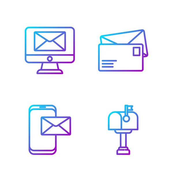 Definir linha Caixa de correio, Celular e envelope, Monitor e envelope e Envelope. Ícones de cores gradientes. Vetor — Vetor de Stock