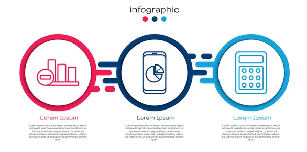 Establecer línea infografía gráfico de pastel, teléfono móvil con gráfico gráfico y calculadora. Plantilla de infografía empresarial. Vector — Vector de stock