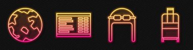 Gözlüklü Aviator şapkası, dünya çapında, havaalanı yönetim kurulu ve bavul. Parlayan neon ikonu. Vektör