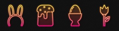 Kürsüye Paskalya yumurtası, uzun tavşan kulaklı maske, Paskalya pastası ve çiçek lalesi koyun. Parlayan neon ikonu. Vektör