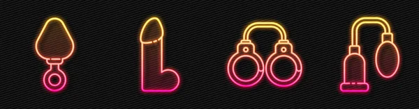 Set line Sexy fluffy handcuffs, Anal plug, Dildo vibrator and Penis pump. Glowing neon icon. Vector — Stok Vektör