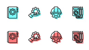 Hat İşçi güvenlik kaskı ve teçhizatı, Kullanıcı kılavuzu, Ayarlar elde ve Çoklu metre simgesi. Vektör