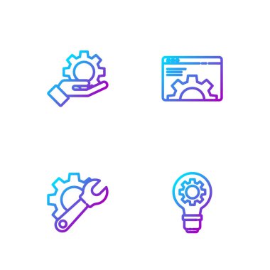 Ampul ve teçhizatı ayarlayın, İngiliz anahtarı, elde ayarlar ve tarayıcı ayarları. Renk simgeleri. Vektör