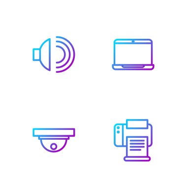 Hat yazıcı, hareket sensörü, hoparlör hacmi ve dizüstü bilgisayar ayarlayın. Renk simgeleri. Vektör