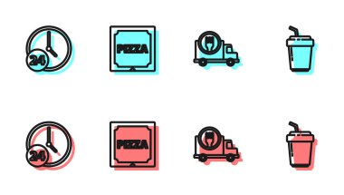 Arabayla hızlı teslimat, 24 saat saat saat, karton kutuda pizza ve simge olması için kahve fincanı ayarla. Vektör