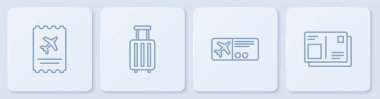 Uçak bileti, bavul ve vize damgalı pasaport ayarla. Beyaz kare düğme. Vektör