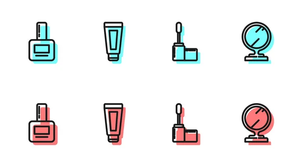 Set Linie Mascara Pinsel, Nagellackflasche, Creme oder Lotion Kosmetikschlauch und Round Make-up Spiegel Symbol. Vektor — Stockvektor