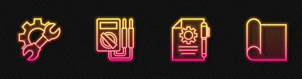 Establezca la configuración del documento de línea y la pluma, el engranaje de llave inglesa, el multímetro y el papel gráfico para la ingeniería. Icono de neón brillante. Vector — Archivo Imágenes Vectoriales