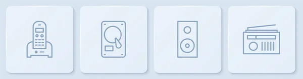 Телефон, стерео динамик, жесткий диск HDD и радио с антенной. Белая квадратная кнопка Вектор — стоковый вектор
