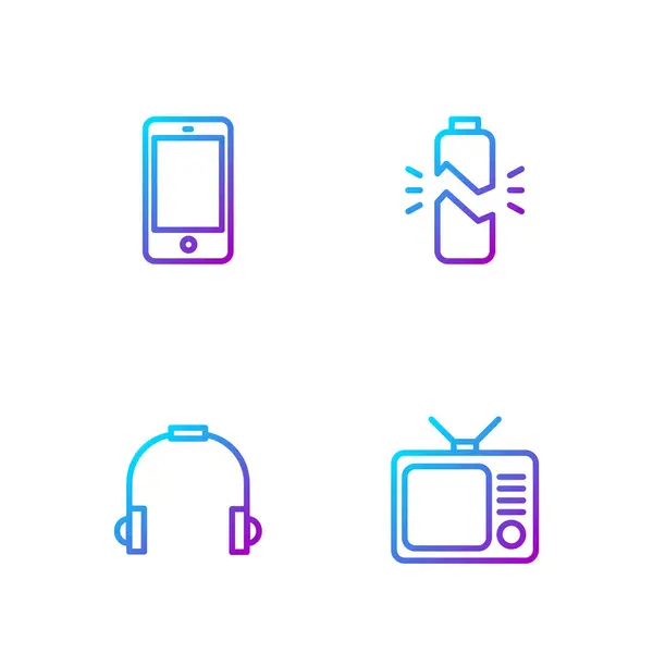 Nastavte linku Retro TV, sluchátka, Smartphone, mobilní a rozbité baterie. Barevné ikony přechodu. Vektor — Stockový vektor
