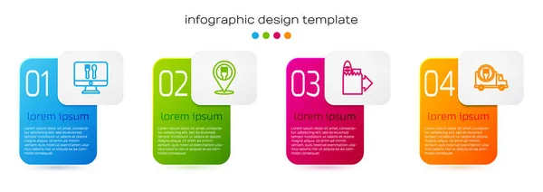 Définir la ligne Commande et livraison en ligne, emplacement du restaurant Café, et rapide en voiture. Modèle d'infographie d'entreprise. Vecteur — Image vectorielle