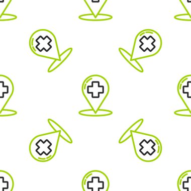 Çizgi Medikal Harita İşaretleyicisi, çapraz hastane simgesiyle beyaz arka planda izole edilmiş kusursuz desen. Renkli taslak konsepti. Vektör İllüstrasyonu