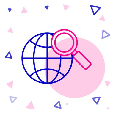 Beyaz arka planda izole edilmiş dünya ikonu olan çizgi büyüteç. Dünyayı analiz ediyorum. Küresel arama işareti. Renkli taslak konsepti. Vektör İllüstrasyonu