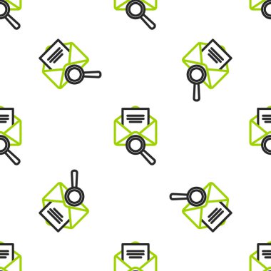 Büyüteç simgesine sahip çizgi zarfları beyaz arkaplanda izole edilmiş kusursuz desen. Vektör İllüstrasyonu