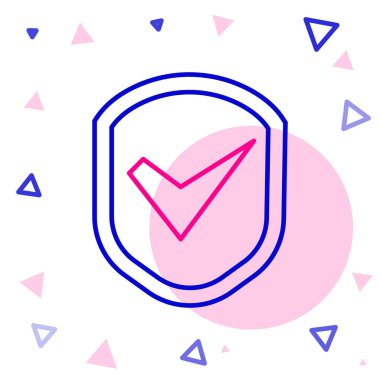 Beyaz arkaplanda işaret simgesine sahip çizgi kalkanı izole edildi. Güvenlik, güvenlik, koruma, gizlilik kavramı. Kene izi onaylandı. Renkli taslak konsepti. Vektör İllüstrasyonu