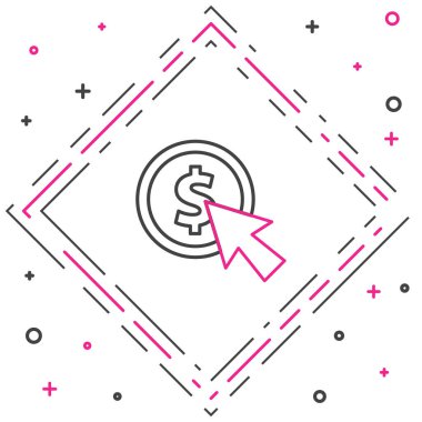 Satır İmleci ve sikke simgesi beyaz arkaplanda izole edildi. Dolar ya da USD sembolü. Nakit bankacılık tabelası. Renkli taslak konsepti. Vektör İllüstrasyonu