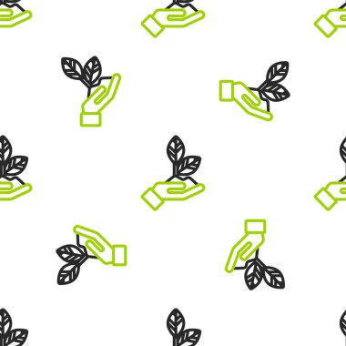 Çevre koruma ikonunun elindeki Çizgi Tesisi beyaz arka planda izole edilmiş kusursuz desen. Tohum ve tohum. Fidan dikiyorum. Ekoloji konsepti. Vektör İllüstrasyonu