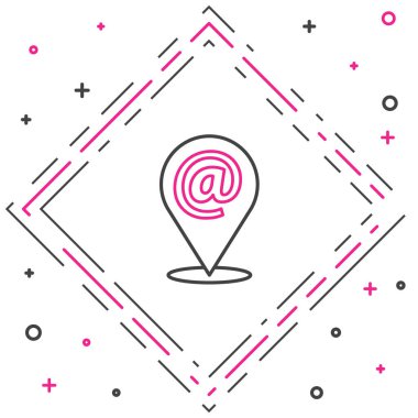 Beyaz arkaplanda satır konumu, e- posta ve e- posta simgesi izole edildi. Zarf sembolü e-postası. E- posta kodu. Renkli taslak konsepti. Vektör İllüstrasyonu