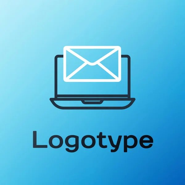 Line Laptop mit Umschlag und geöffnetem E-Mail-Symbol auf dem Bildschirm isoliert auf blauem Hintergrund. E-Mail-Marketing, Internet-Werbekonzepte. Buntes Rahmenkonzept. Vektorillustration — Stockvektor