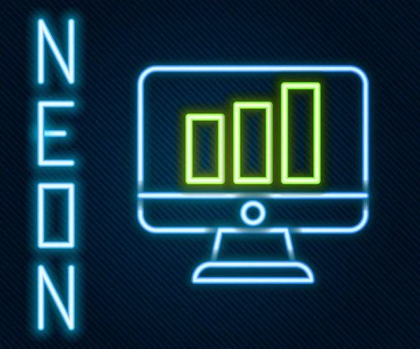 Gloeiende neon lijn Computer monitor met grafiek grafiek pictogram geïsoleerd op zwarte achtergrond. Rapporteer tekstbestand. Boekhoudkundig teken. Audit, analyse, planning. Kleurrijk concept. Vector Illustratie — Stockvector