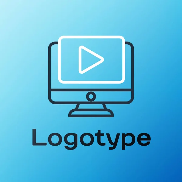 Line Online play video icoon geïsoleerd op blauwe achtergrond. Computermonitor en filmstrip met speelbord. Kleurrijk concept. Vector Illustratie — Stockvector