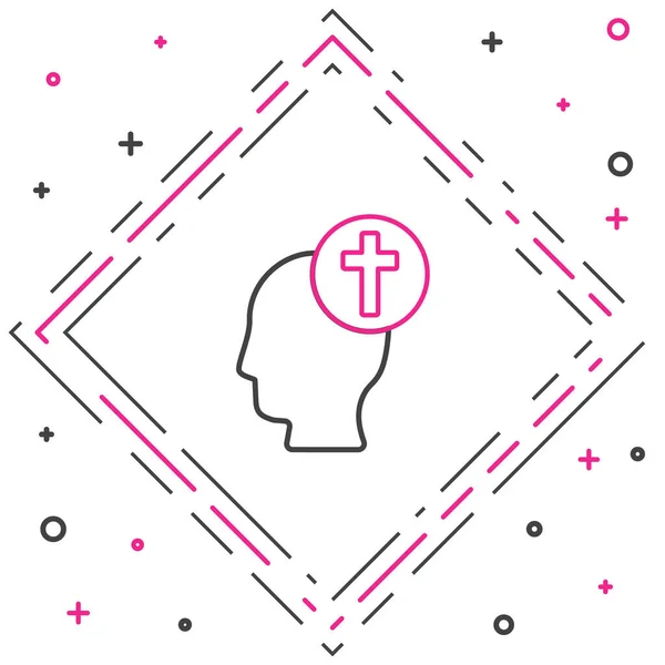 Linia Ludzka głowa z chrześcijańską ikoną krzyża odizolowana na białym tle. Kolorowy koncept. Ilustracja wektora — Wektor stockowy