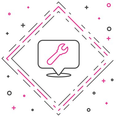 İngiliz anahtarı anahtar simgesine sahip çizgi konumu beyaz arkaplanda izole edildi. Ayarlama, servis, ayar, bakım, onarım, onarım. Renkli taslak konsepti. Vektör İllüstrasyonu