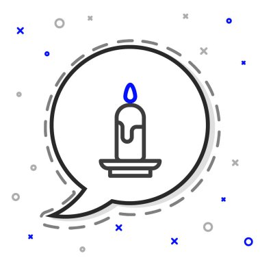 Satır Yanan mum simgesi beyaz arkaplanda izole edildi. Silindirik mum çubuğu ve yanan ateş. Renkli taslak konsepti. Vektör İllüstrasyonu