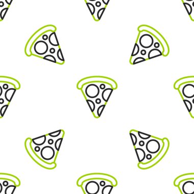 Pizza ikonu çizgisi beyaz arka planda izole edilmiş kusursuz desen. Fast food menüsü. Vektör İllüstrasyonu