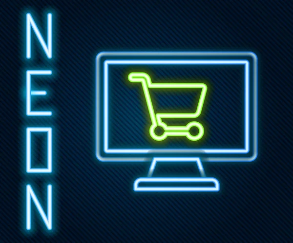 Brillante línea de neón Carro de la compra en la pantalla icono del ordenador aislado sobre fondo negro. Concepto e-commerce, e-business, marketing online. Concepto de esquema colorido. Ilustración vectorial — Archivo Imágenes Vectoriales