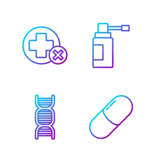 Zestaw linii Medicine pigułki lub tabletki, symbol DNA, Cross szpitala medycznego i butelki medycznej z rozpylaczem dyszy. Ikony kolorów gradientu. Wektor — Wektor stockowy
