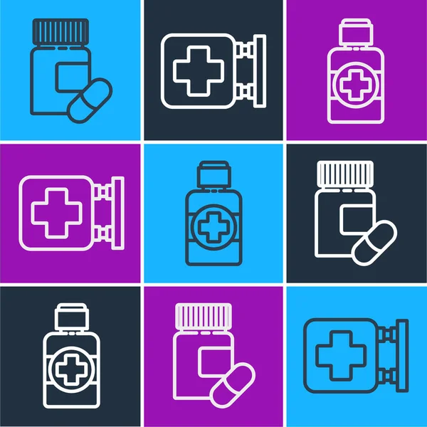 Set line Medicine bottle and pills, Bottle of medicine syrup and Hospital signboard icon. Vector — Stock Vector