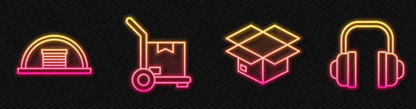 Kartondoboz, hangár, kézikocsi, dobozok és fejhallgató. Ragyogó neon ikon. Vektor — Stock Vector
