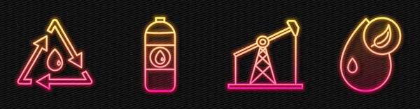 Set line Oil pump or pump jack, Oil drop with recycle, Canister for motor machine oil and Bio fuel. Glowing neon icon. Vector — Stock Vector