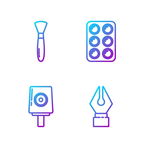 Set línea plumín estilográfica, spray puede tapa de la boquilla, pincel de pintura y pinturas de acuarela en caja. Iconos de color degradado. Vector — Vector de stock