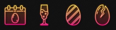 Paskalya yumurtası, Paskalya yumurtalı takvim, şarap kadehi ve kırık yumurta. Parlayan neon ikonu. Vektör