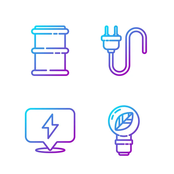 Set línea Bombilla de luz con hoja, relámpago, barril y enchufe eléctrico. Iconos de color degradado. Vector — Vector de stock