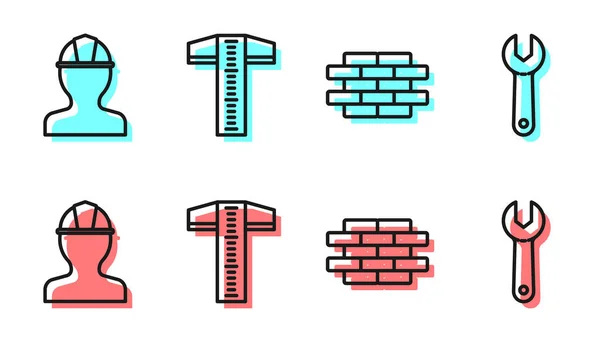 Set Line Bricks, Arbeiter-Schutzhelm, T-Quadrat-Linie und Schlüsselschlüssel-Symbol. Vektor — Stockvektor