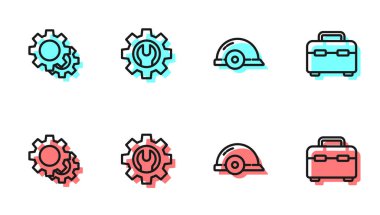 Hat çizgisi güvenlik kaskı, vites anahtarı, İngiliz anahtarı, dişli ve alet kutusu simgesi. Vektör