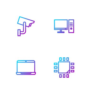 Hat işlemcisini mikro devreli işlemci, dizüstü bilgisayar, güvenlik kamerası ve bilgisayar monitörü ile ayarla. Renk simgeleri. Vektör