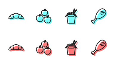 Asya erişteleri, çubuklar, kruvasan, elma ve tavuk budu ikonu. Vektör