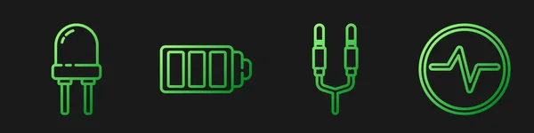 라인 오디오 잭, 라이트 방출 다이오드, 배터리 충전 레벨 표시기 및 전기 회로 계획. 화려 한 색상 아이콘입니다. Vector — 스톡 벡터