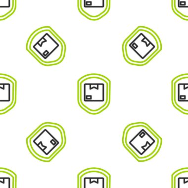 Beyaz arka planda izole edilmiş kalkan simgesiyle hat teslimatı güvenliği. Teslimat sigortası. Kalkanın ötesinde sigorta kutuları var. Vektör İllüstrasyonu.